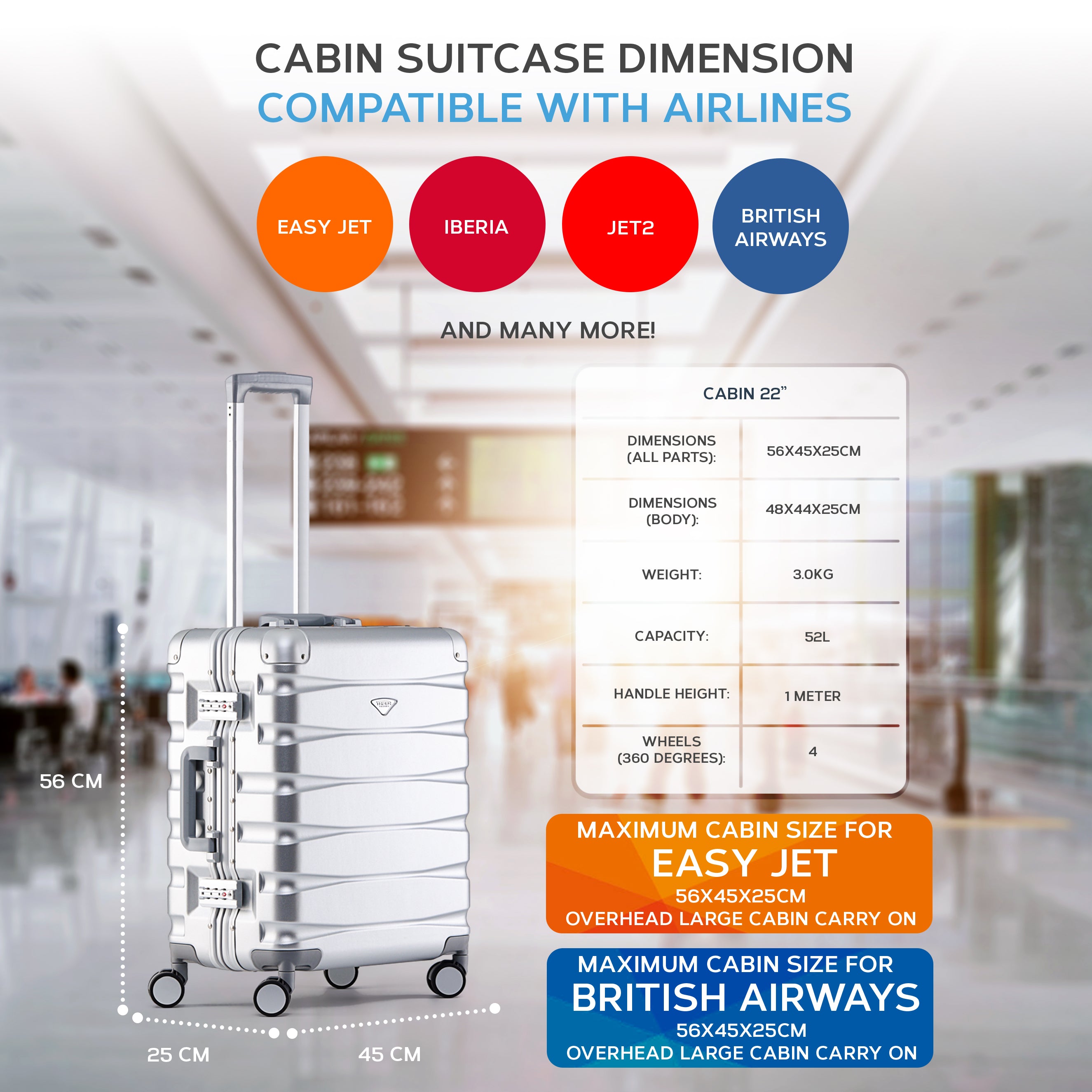 56x45x25cm Aluminium Frame Carry-On Cabin Case