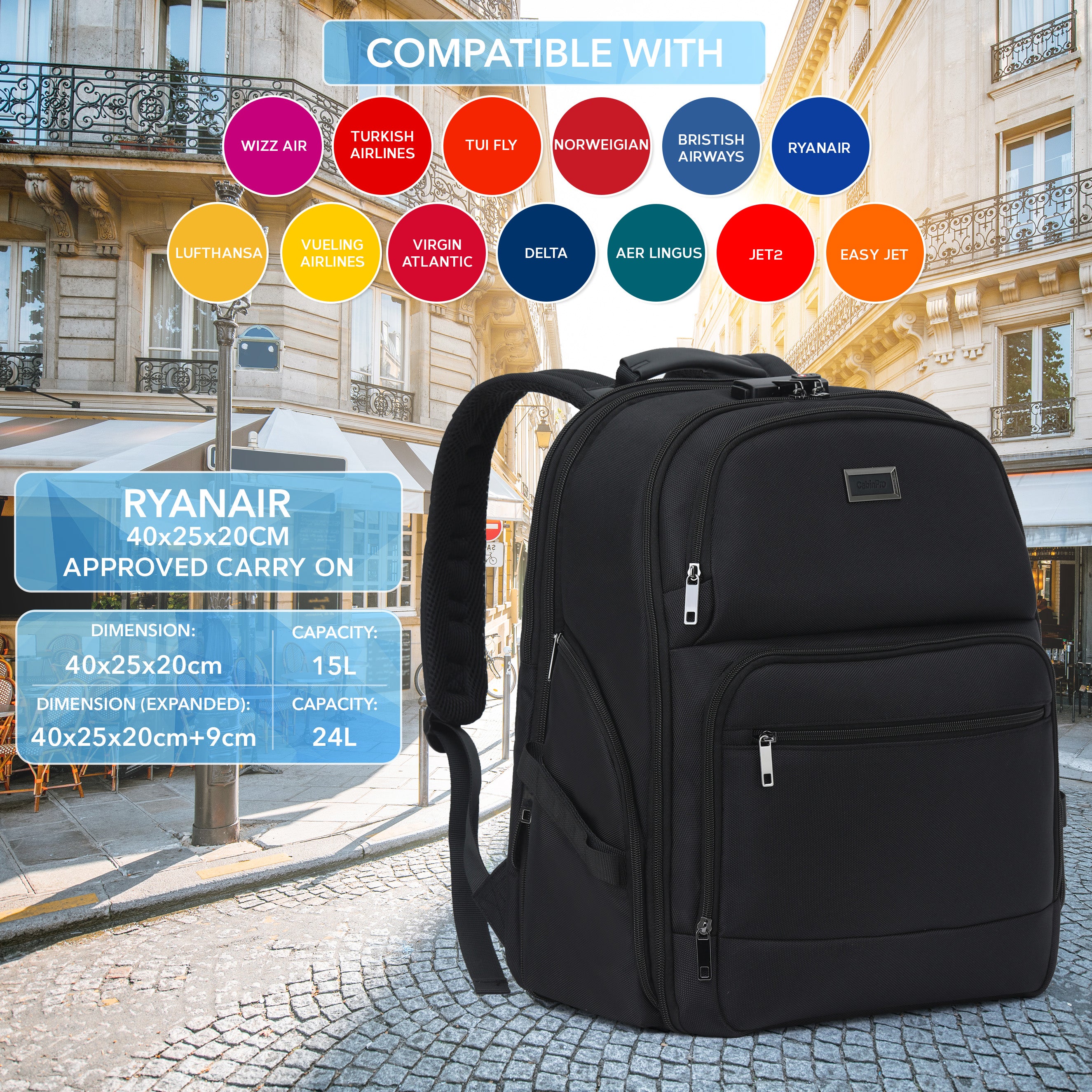 Cabin Pro 'Stride' Underseat Backpack for Travelling TSA Approved Lock Expandable Backpack - Carry On Luggage For easyJet, Ryanir. BA, Jet2 & Many More!