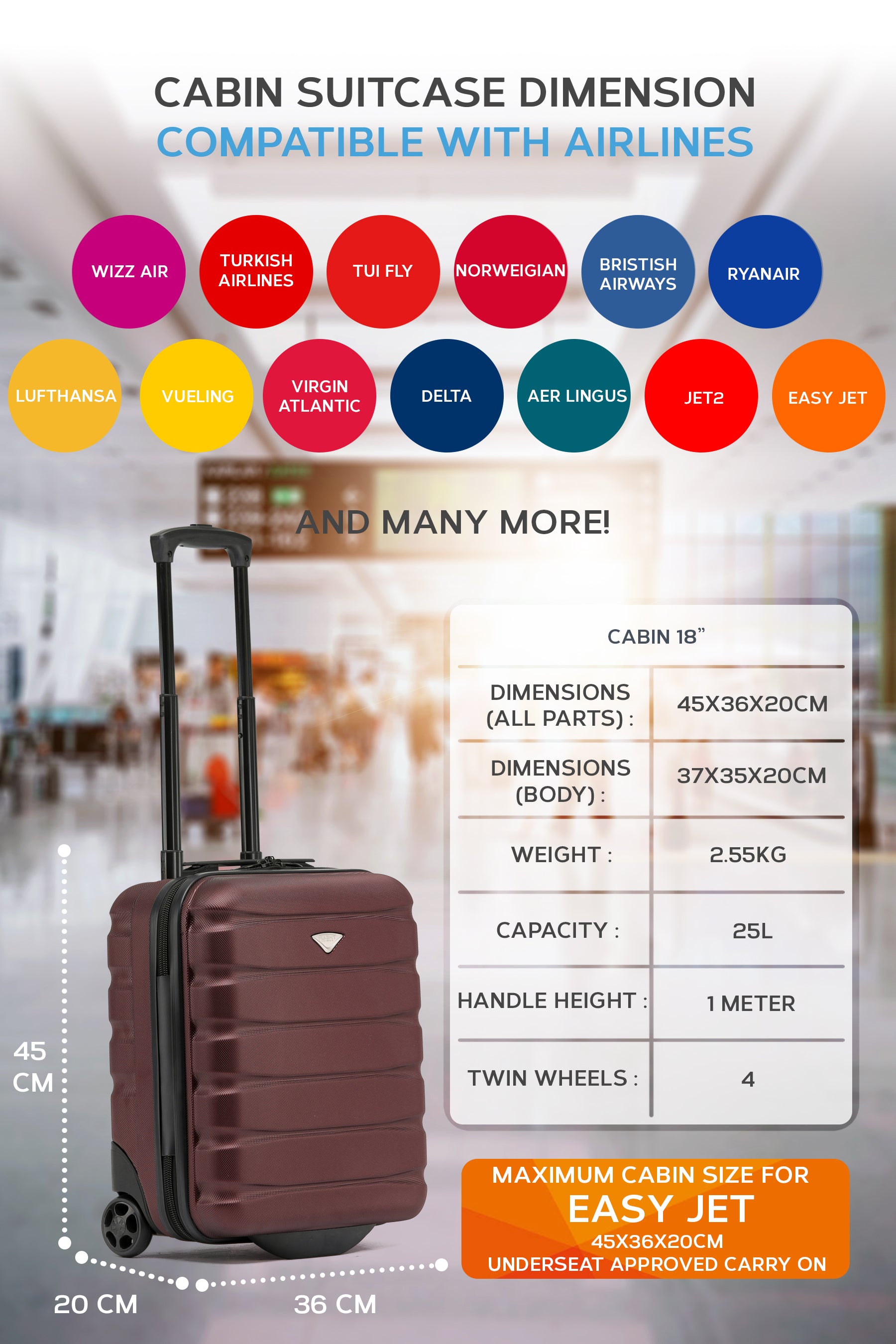 45x36x20cm 2 Wheel Cabin Carry on Case