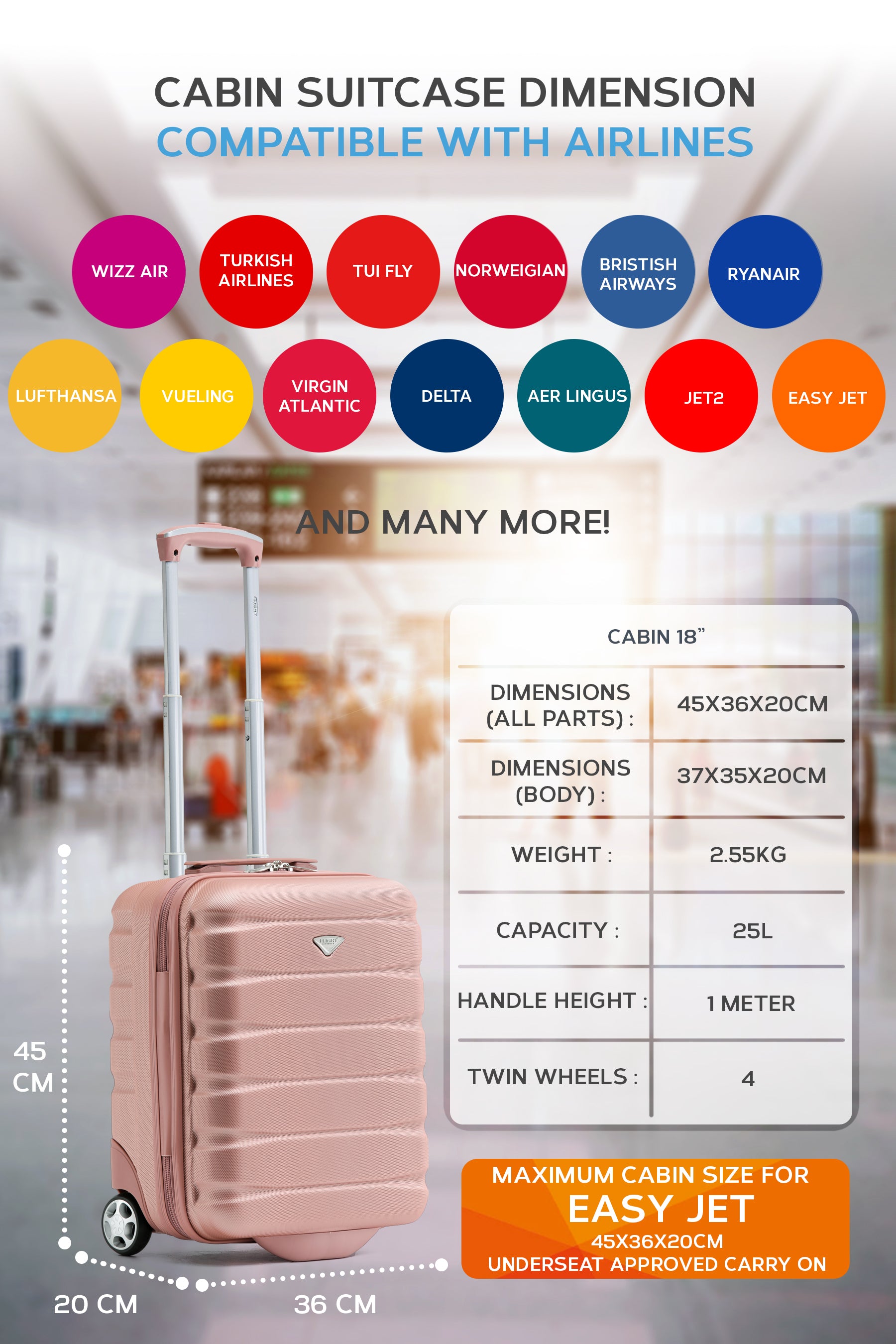 45x36x20cm 2 Wheel Cabin Carry on Case