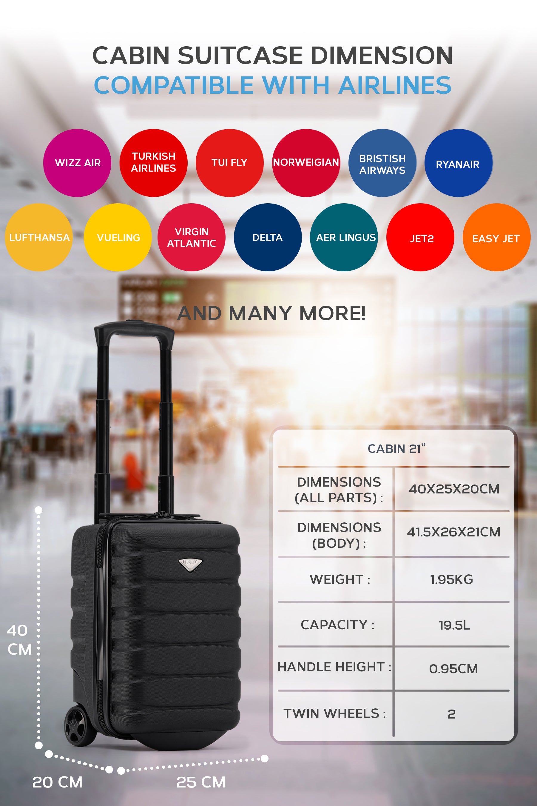 40x20x25cm 2 Wheel Cabin Carry on Case