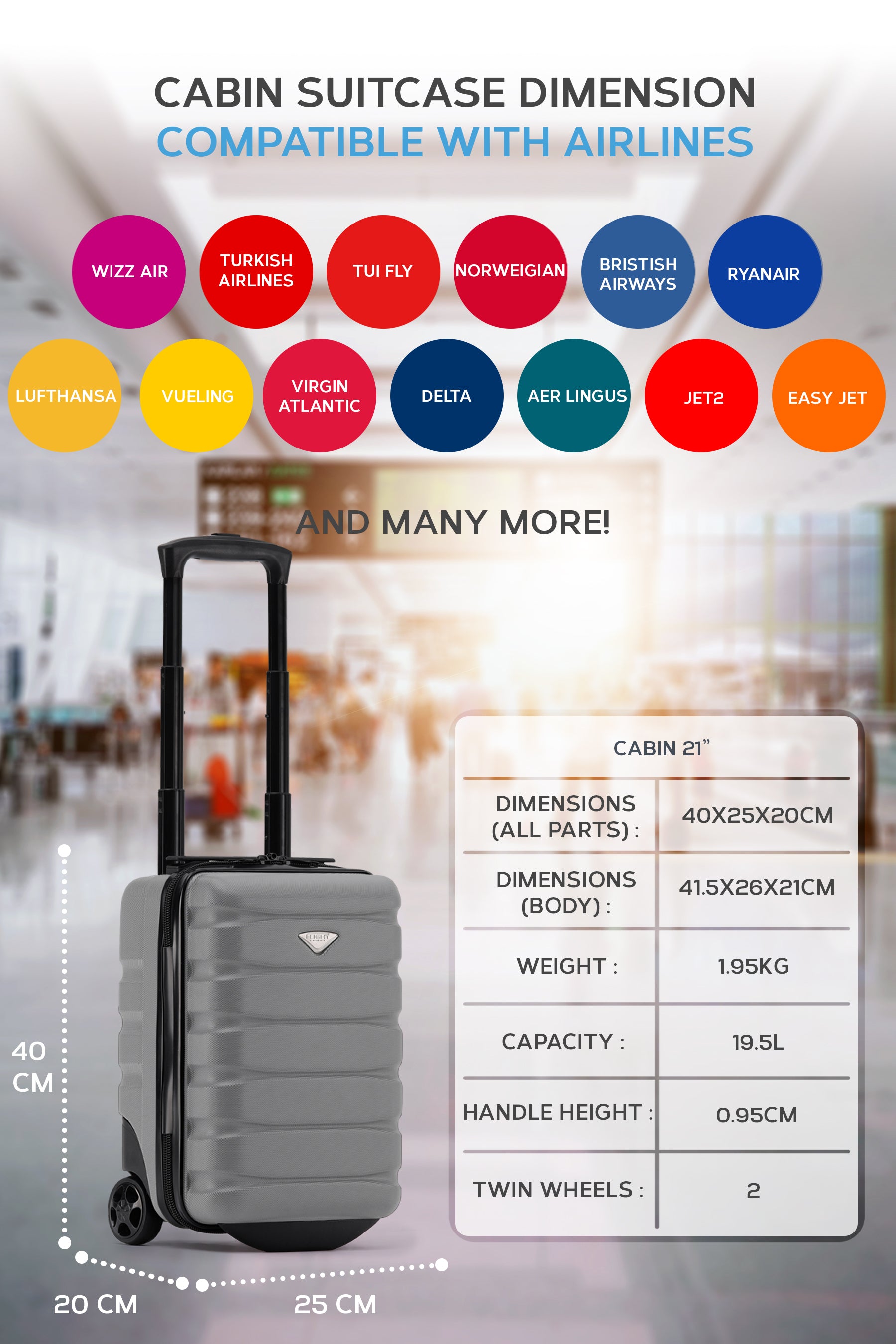 40x20x25cm 2 Wheel Cabin Carry on Case