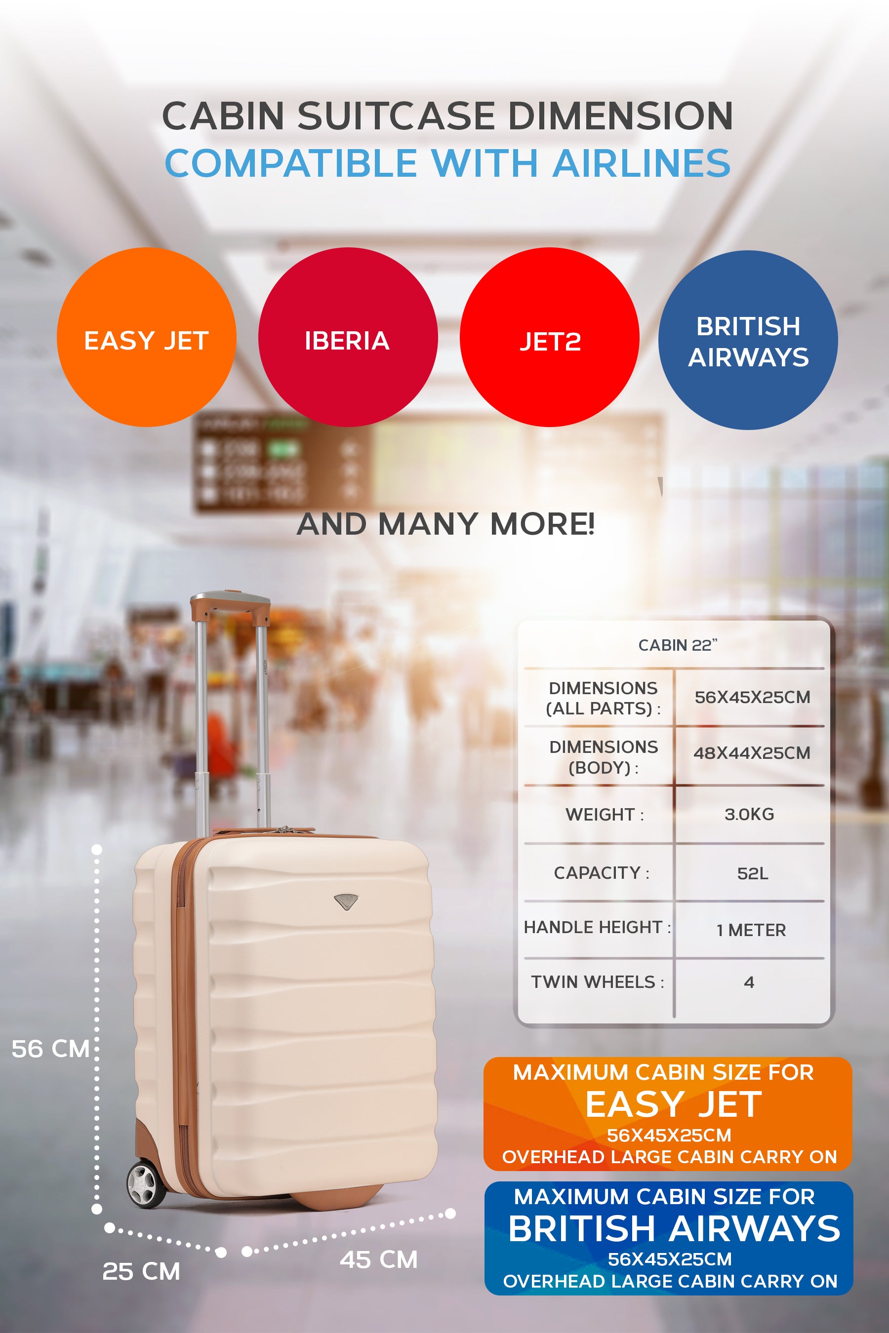 56x45x25cm 2 Wheel Cabin Carry on Case