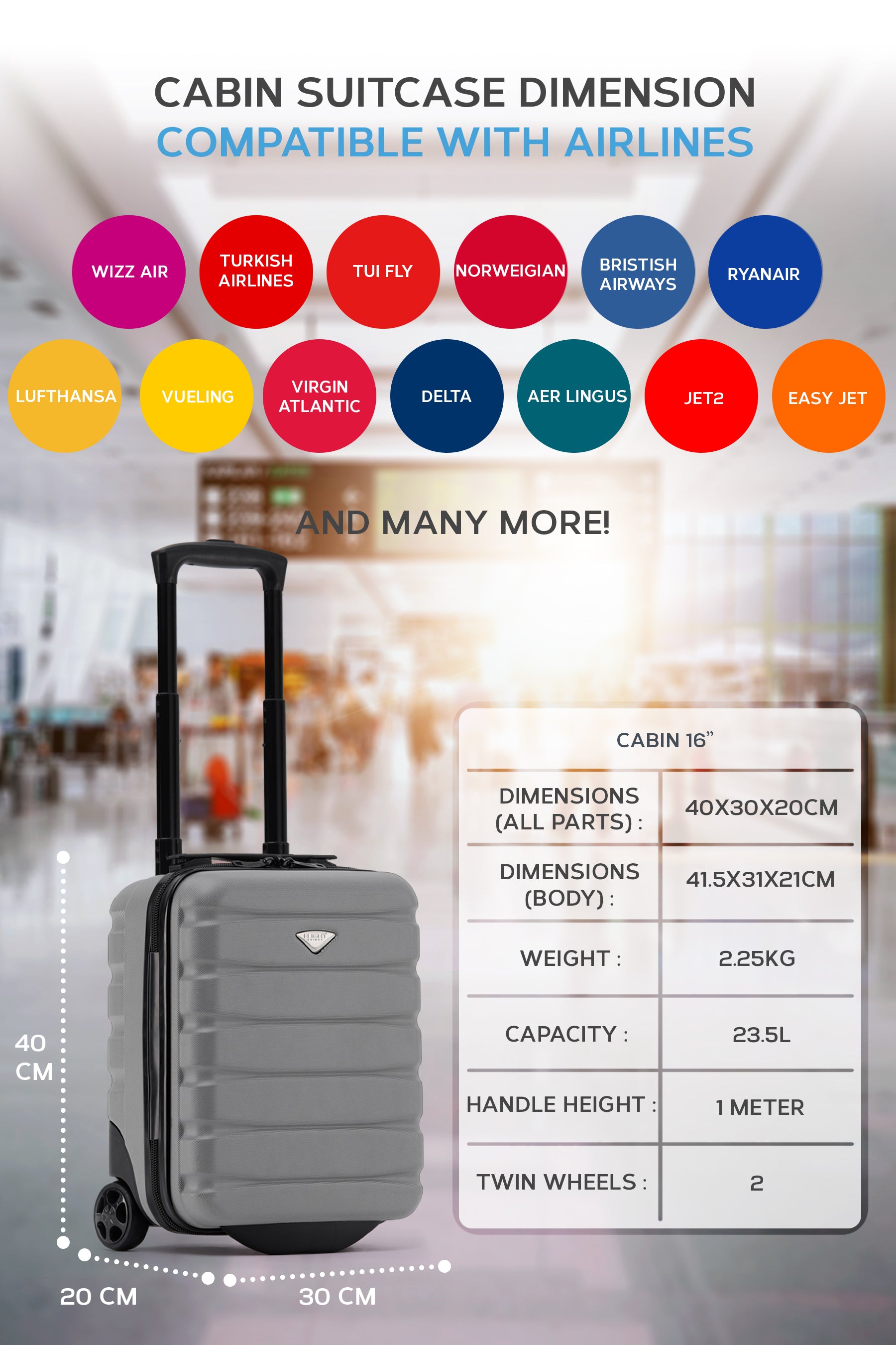 40x30x20cm 2 Wheel Cabin Carry on Case