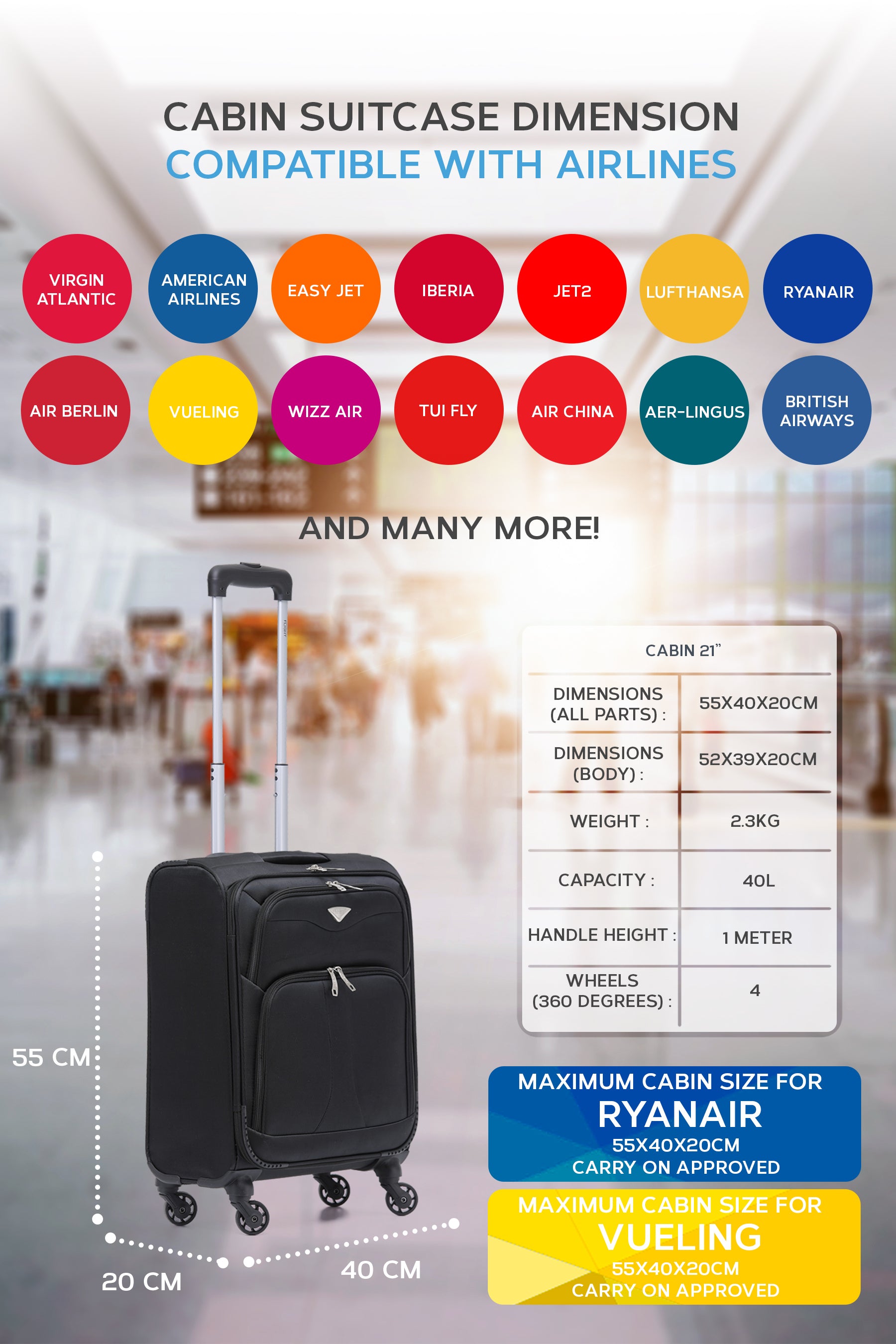 55x40x20cm Soft Shell Cabin Carry on Case