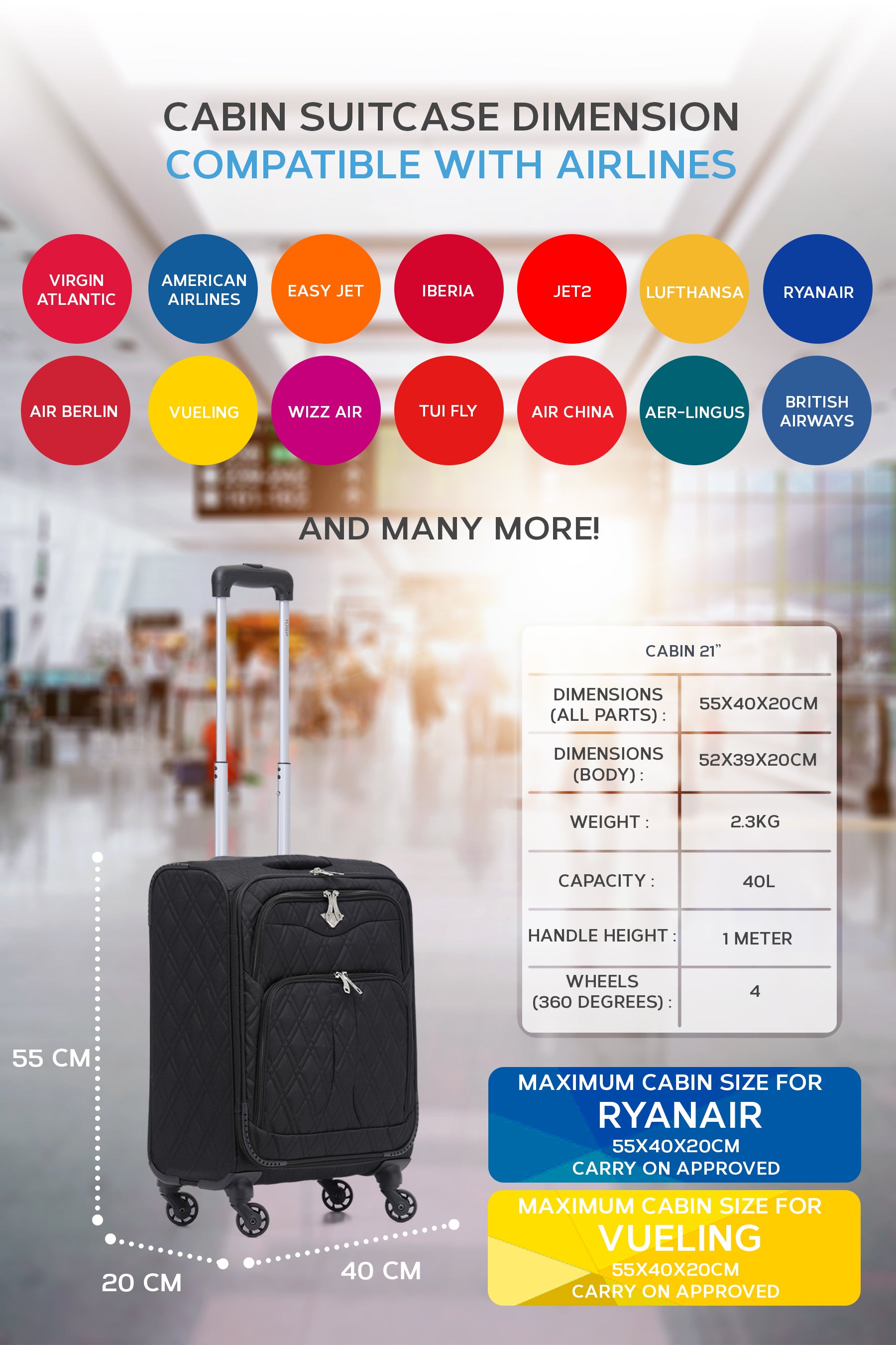55x40x20cm Soft Shell Cabin Carry on Case - Quilted