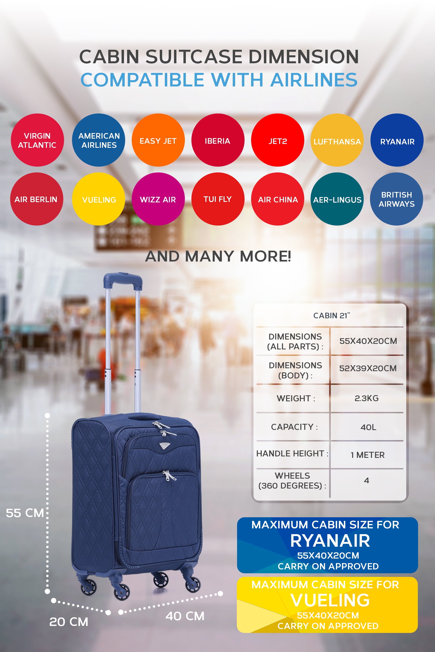 55x40x20cm Soft Shell Cabin Carry on Case - Quilted