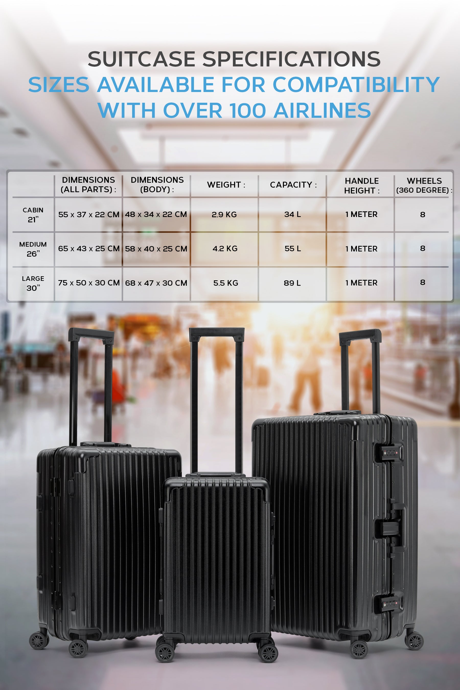 Set of 3 Silver Travel Cases 55x35x20cm + Medium + Large