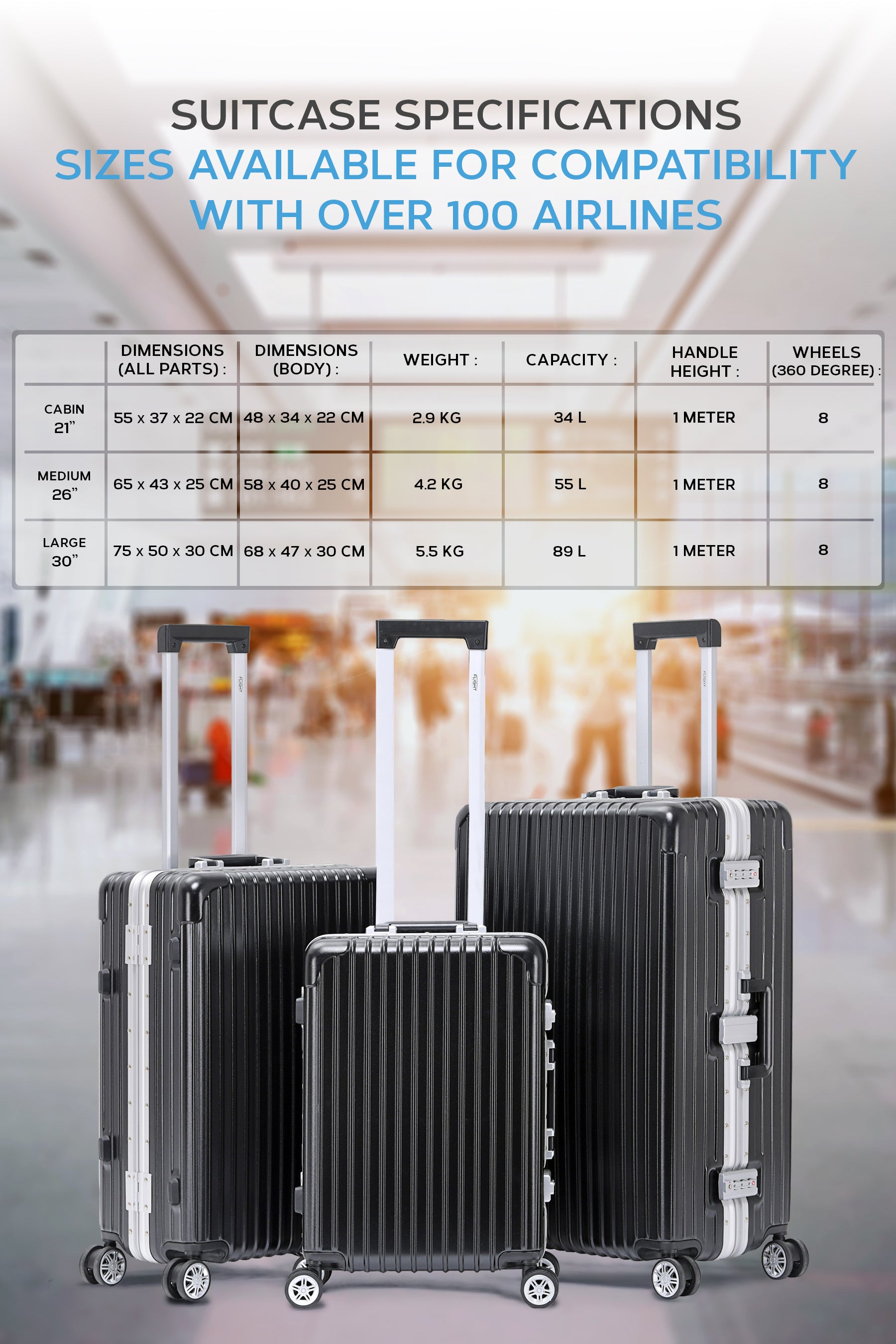 Set of 3 Silver Travel Cases 55x35x20cm + Medium + Large