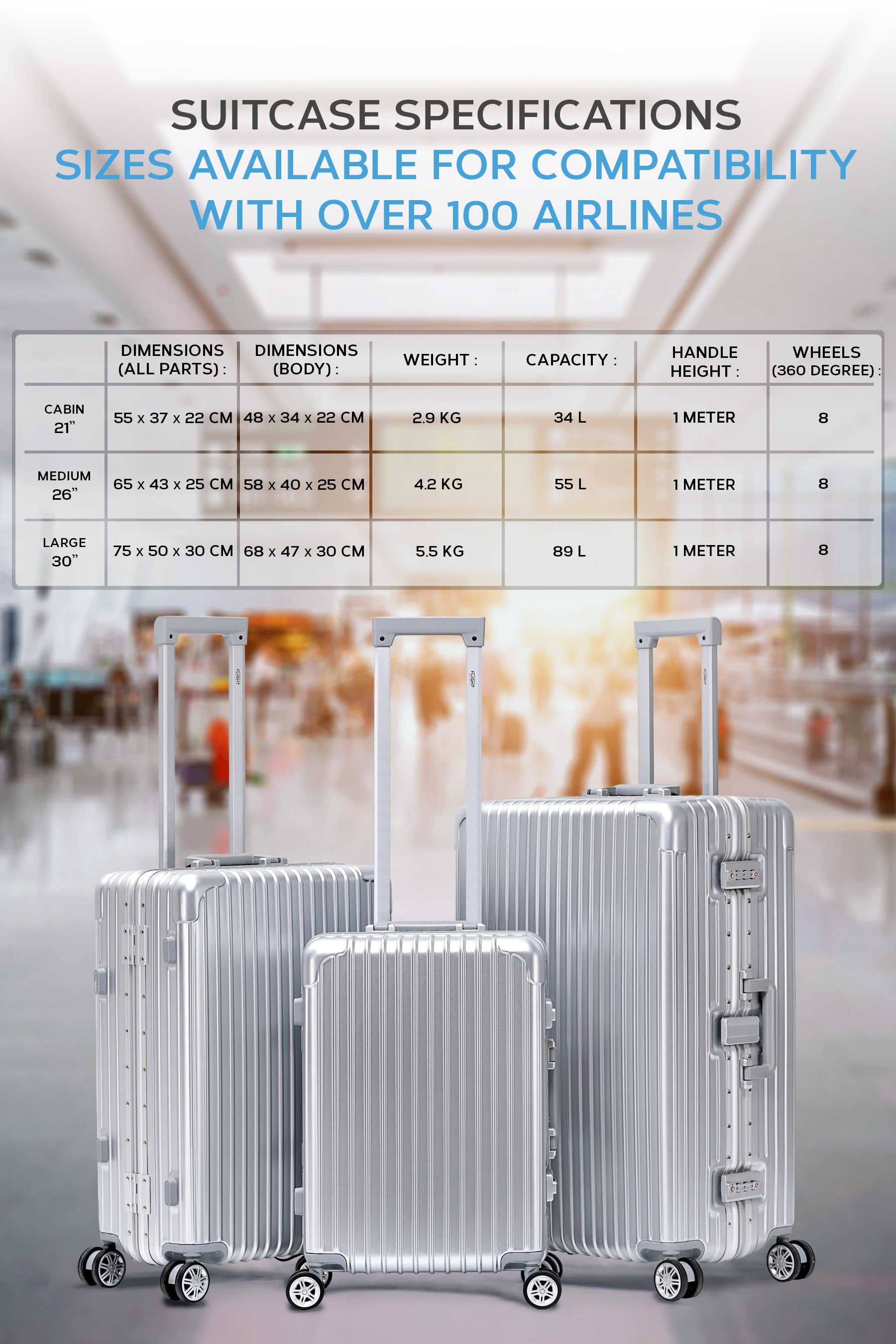 Set of 3 Silver Travel Cases 55x35x20cm + Medium + Large