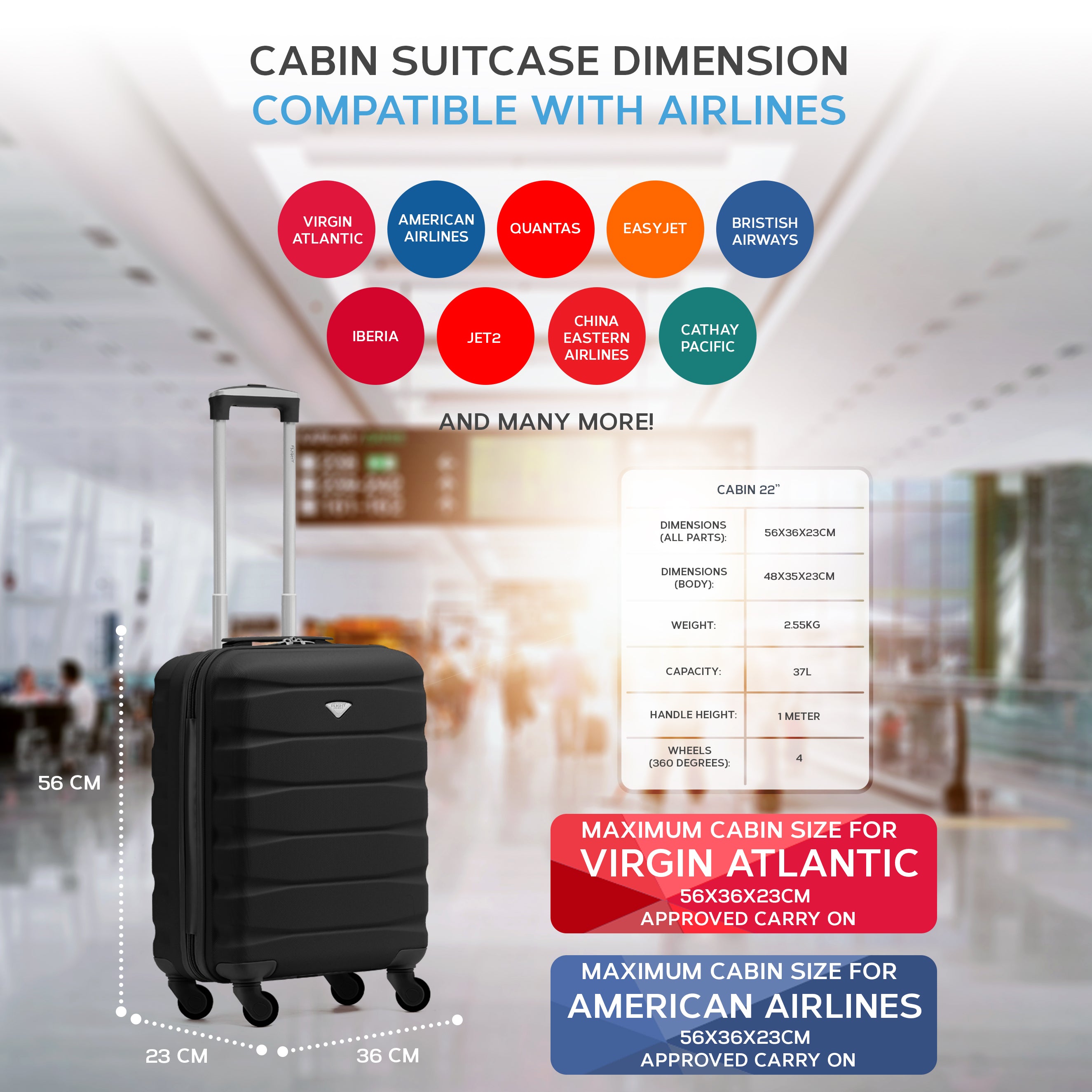 56x36x23cm Maximum Size For Virgin Atlantic Lightweight 4 Wheel ABS Hard Case