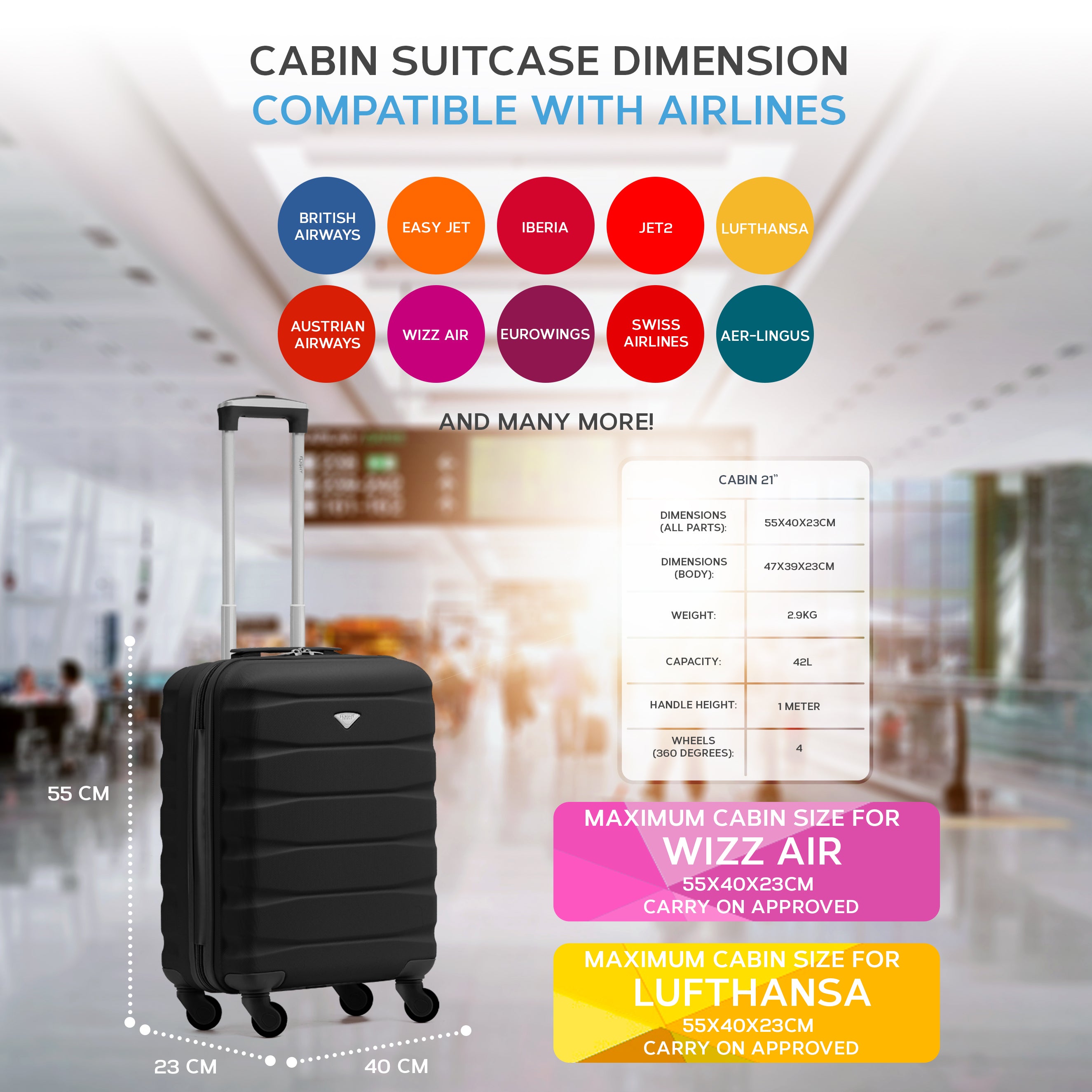 55x40x23cm Maximum Size Lufthansa Lightweight 4 Wheel ABS Hard Cabin Suitcase