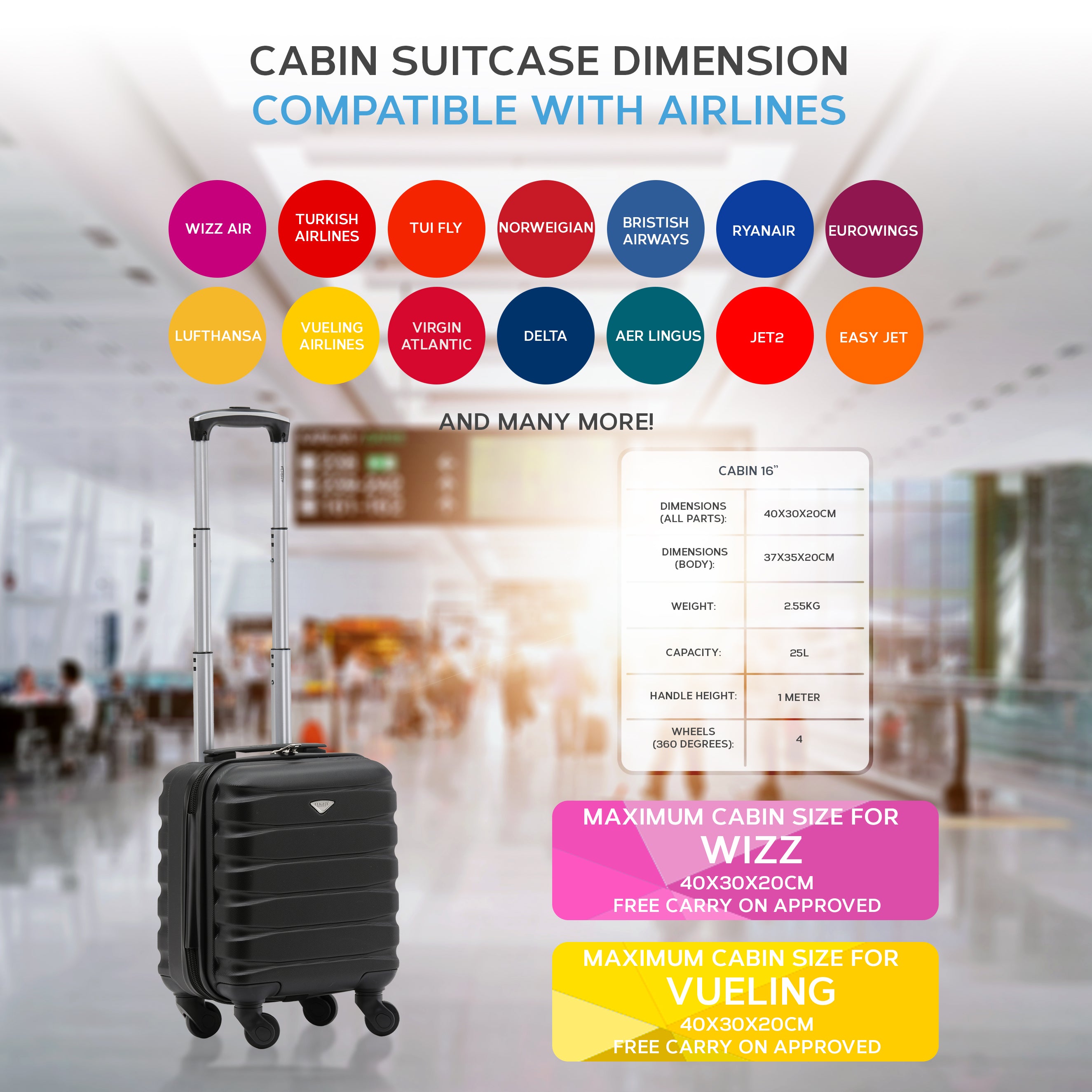 Load image into Gallery viewer, Lightweight 4 Wheel ABS Hard Case Suitcases Cabin Carry On Hand Luggage Approved for Over 100 Airlines Including easyJet &amp;amp; Maximum Size for Vueling &amp;amp; Wizz Air 40x30x20cm
