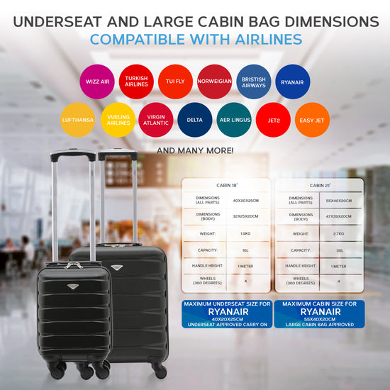 55x40x20cm & 40x20x25cm Set of 2 Lightweight 4 Wheel Hard Case Carry On Hand Luggage - Ryanair Maximum Size for Overhead Cabin & Under Seat Carry-On