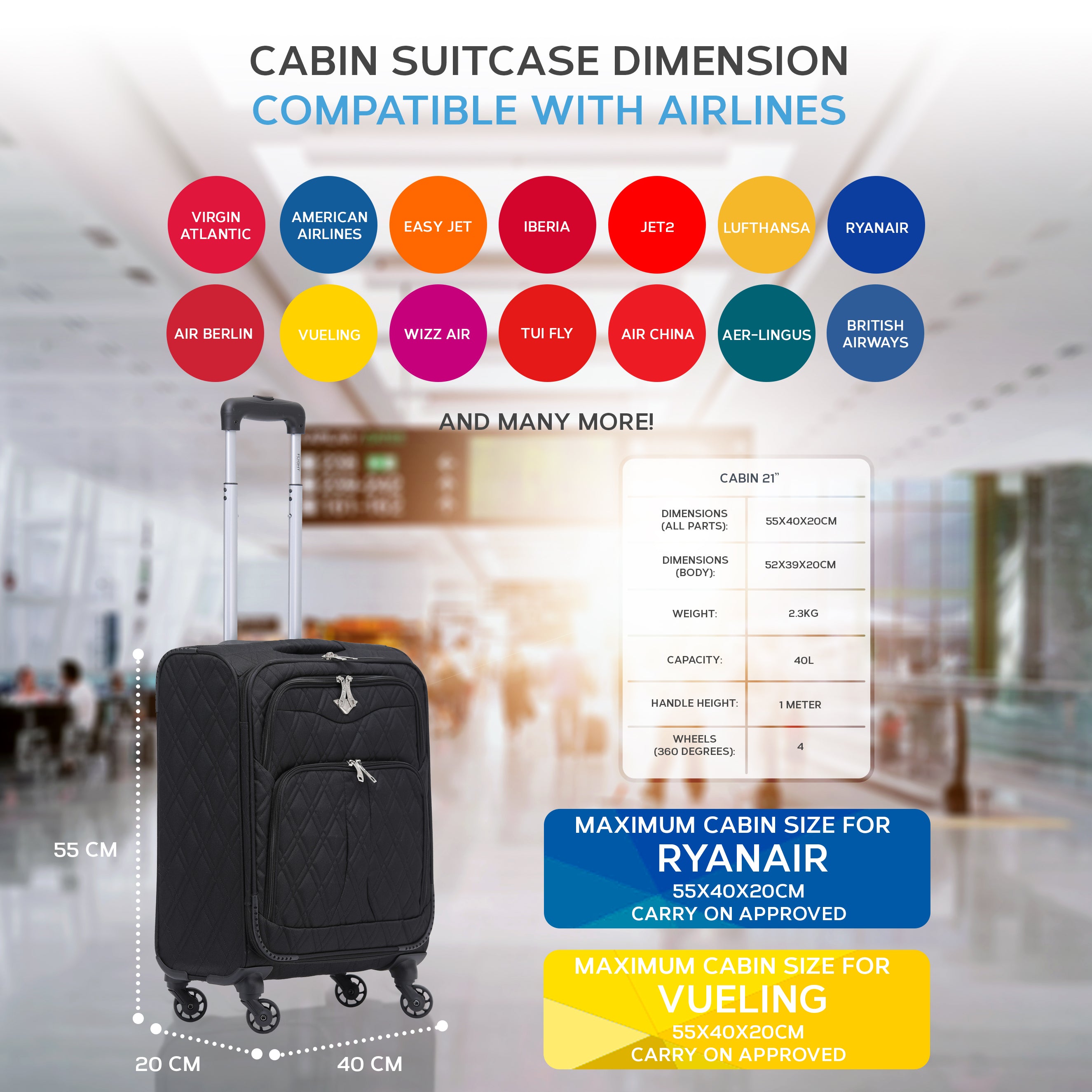 Load image into Gallery viewer, 55x40x20cm 4 Wheel 800D Soft Case Suitcase Cabin Carry On Hand Luggage Ryanir Maximium Priority Carry On Approved
