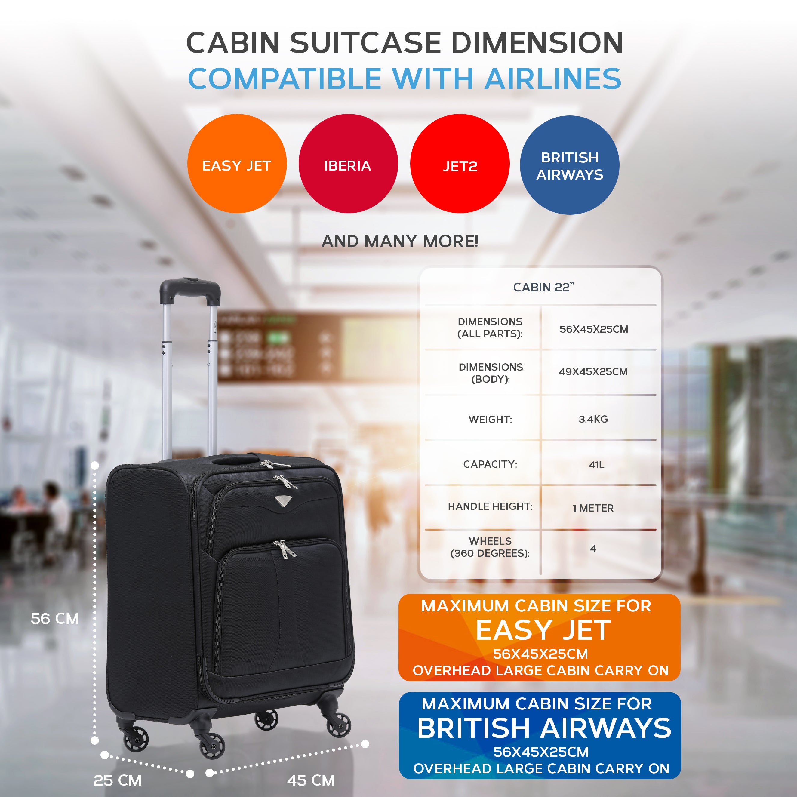 56x45x25cm Soft Shell Cabin Case BA & EasyJet Maximum Carry on suitcase size