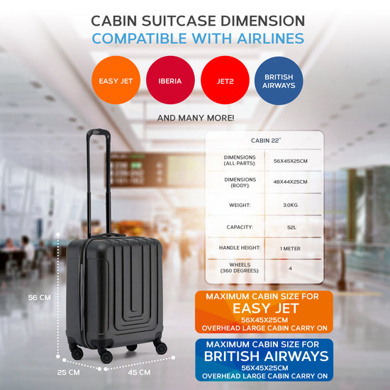 Load image into Gallery viewer, 56x45x25cm Premium Hard Shell Lightweight Cabin Suitcase - 8 Spinner Wheels - Built-in TSA Lock &amp;amp; USB Port - Approved for easyJet Large Cabin Carry on
